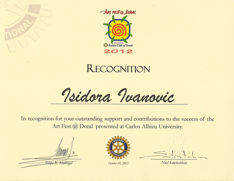 Recognition certificate, Art Fest @ Doral / Rotary Club of Doral, 2012