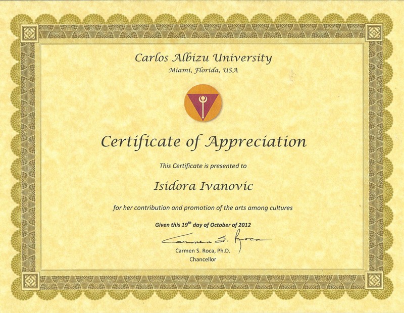 Certificate of Appreciation, Carlos Albizu University, 2012